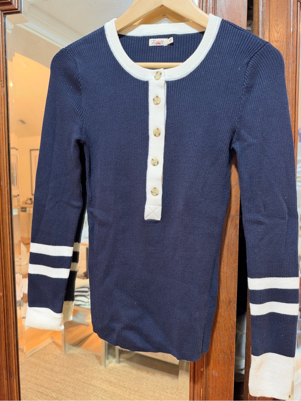 Faherty Navy Ribbed Henley with White Trim - Kids Long Sleeve